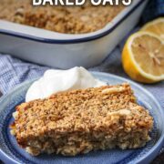 Lemon baked oats with a text overlay title.