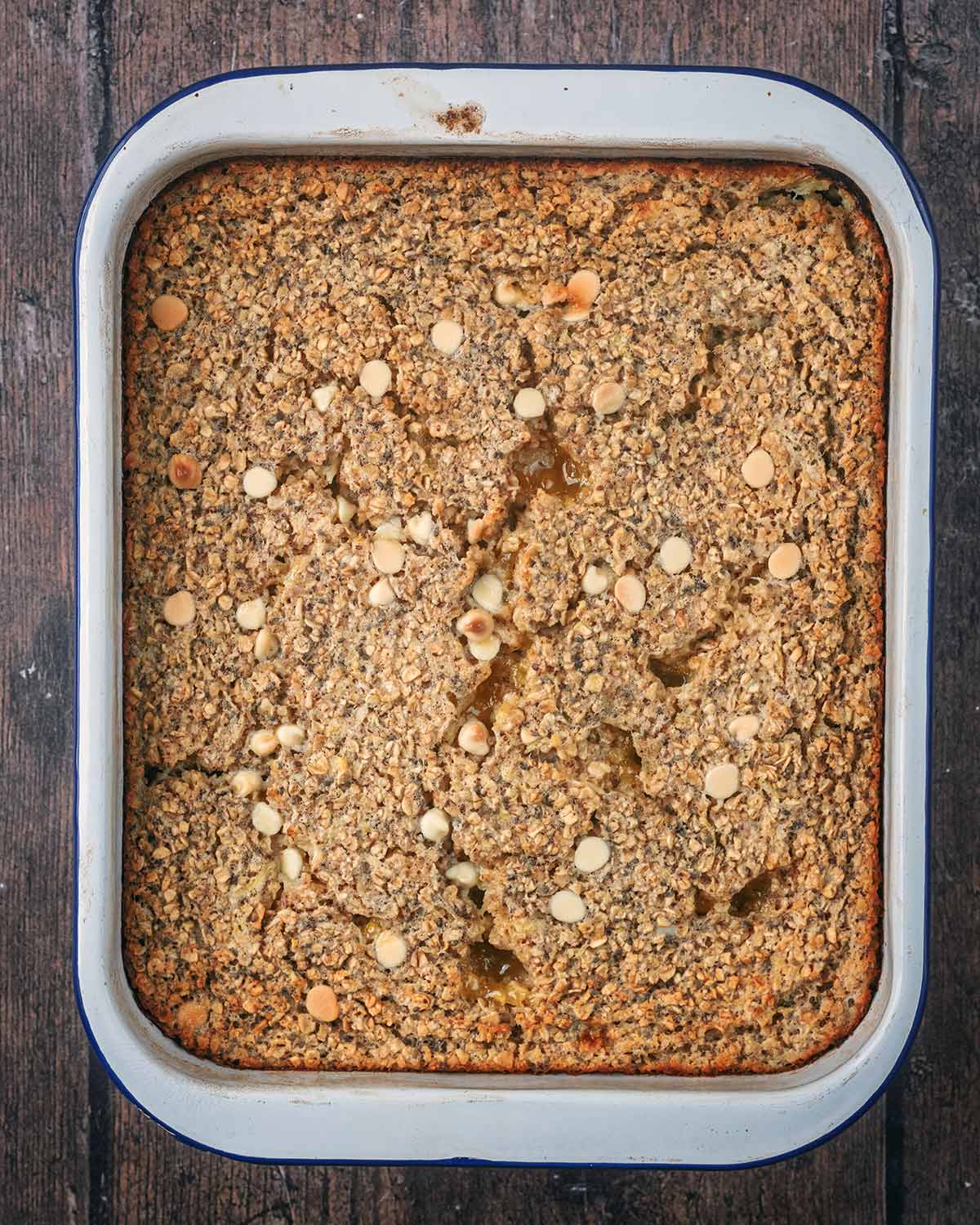 Baked oats in the baking dish.