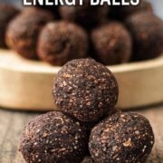 Nut free energy balls with a text overlay title.