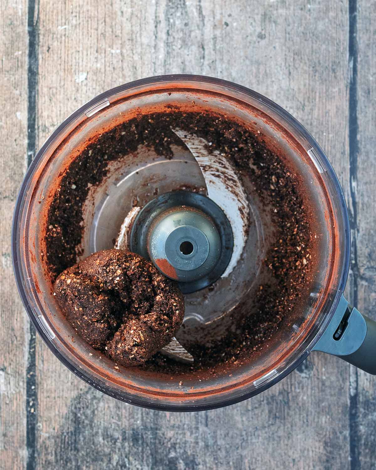 Everything processed in the food processor forming a large ball.