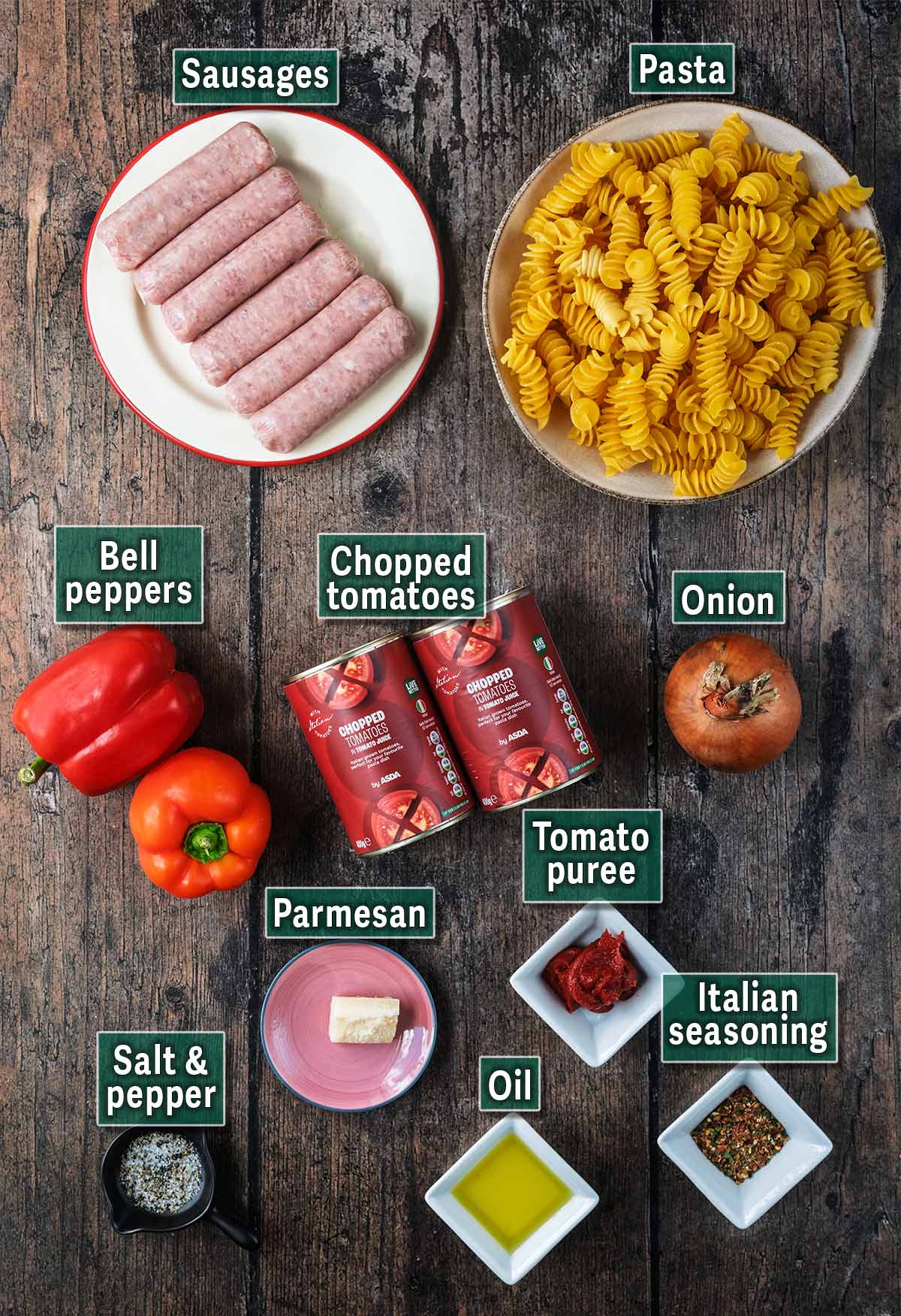 All the ingredients needed for this recipe with text overlay labels.