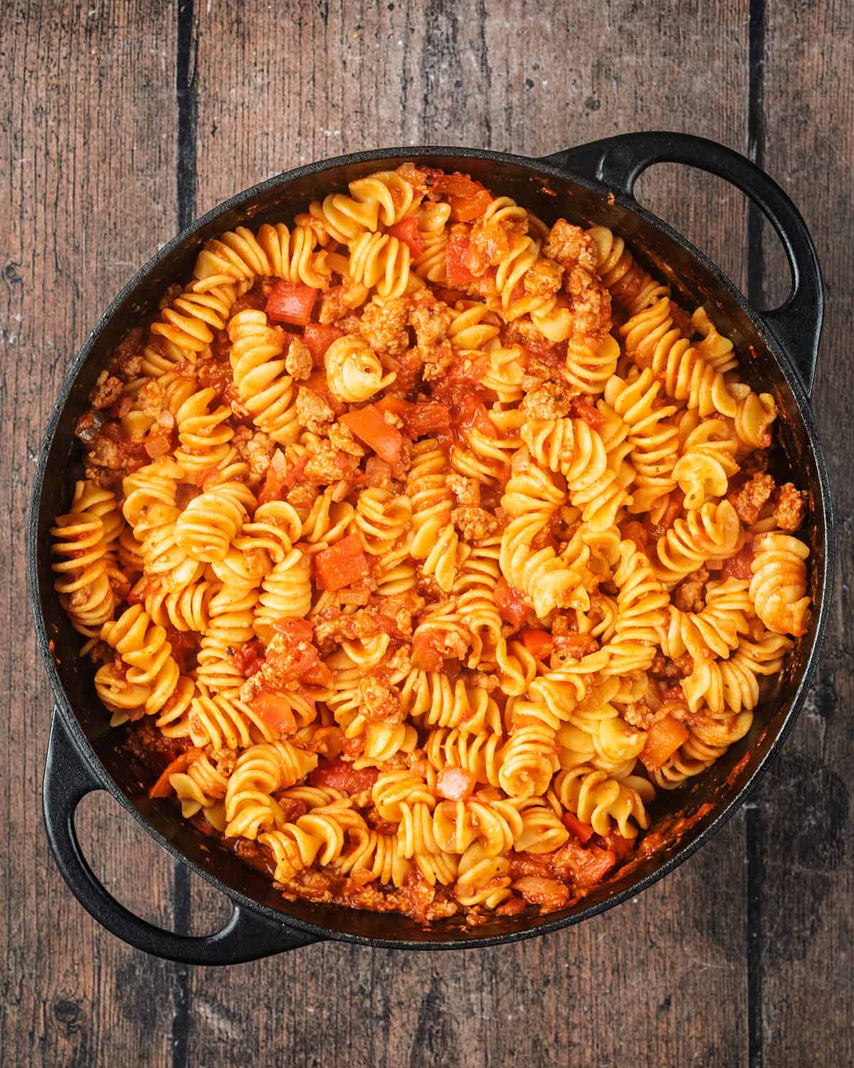 Cooked pasta added to the pan.