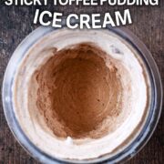 Sticky toffee pudding ice cream with a text overlay title.