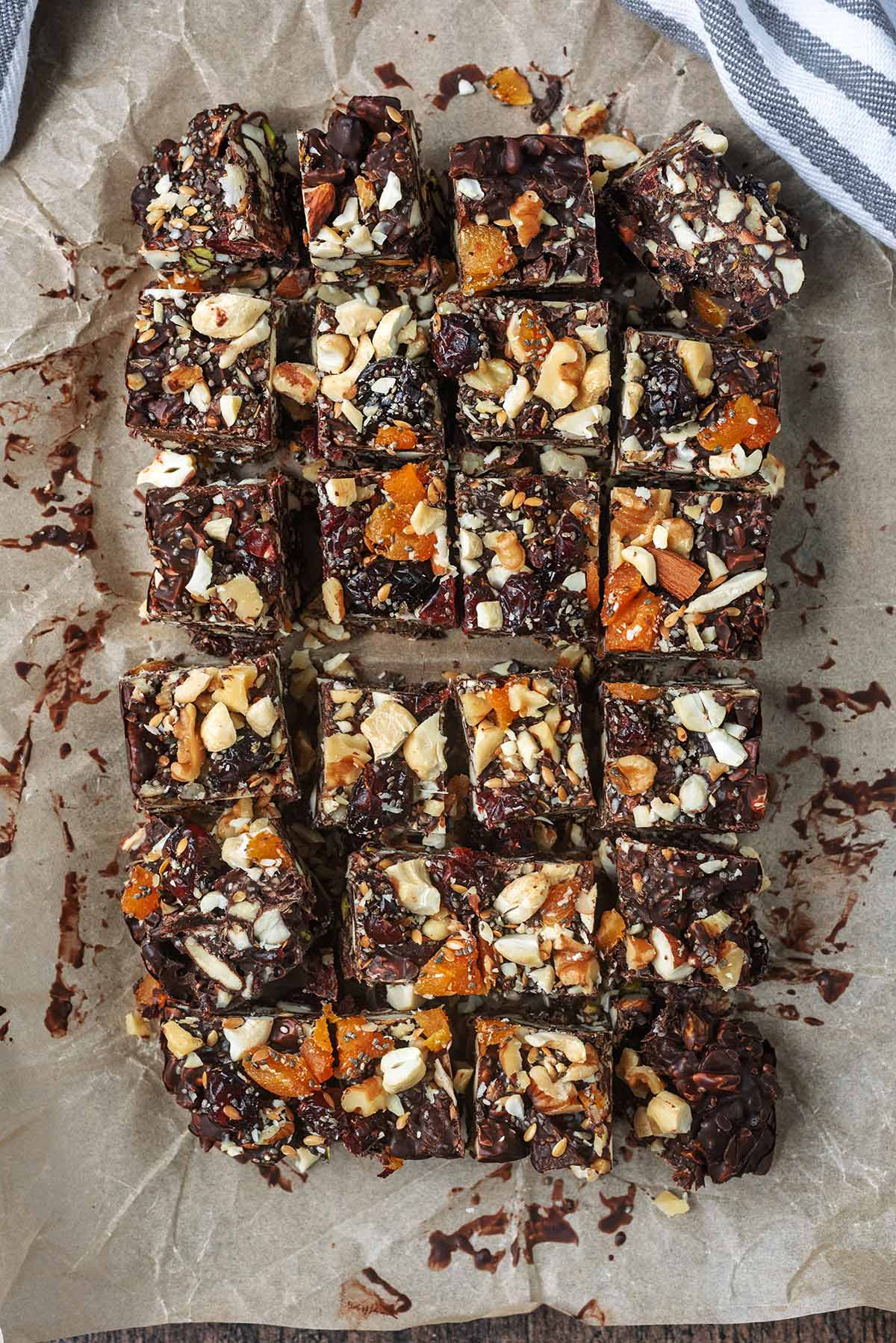 Twenty four cubes of fruit and nut rocky road.