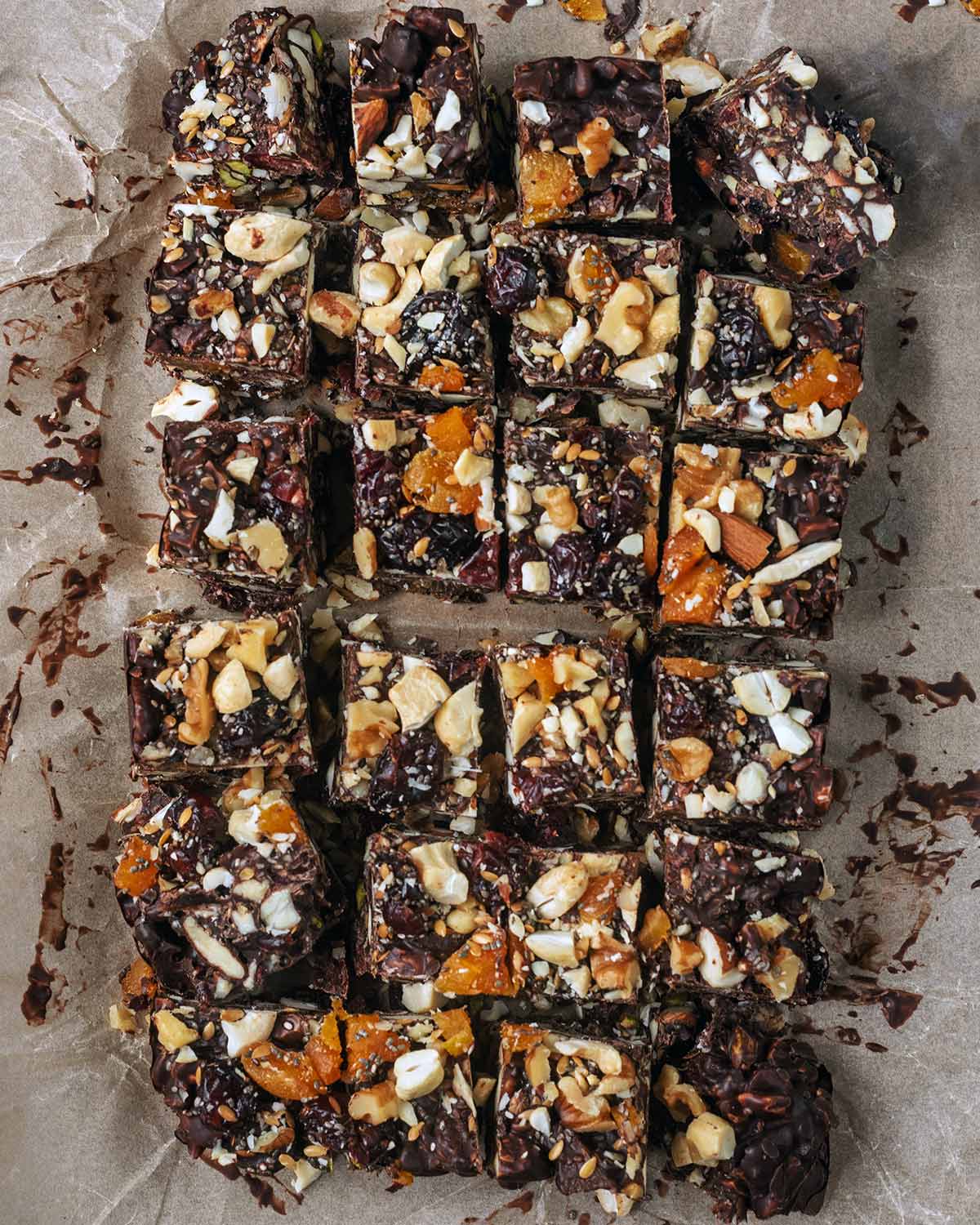 The chilled rocky road cut into 24 pieces.