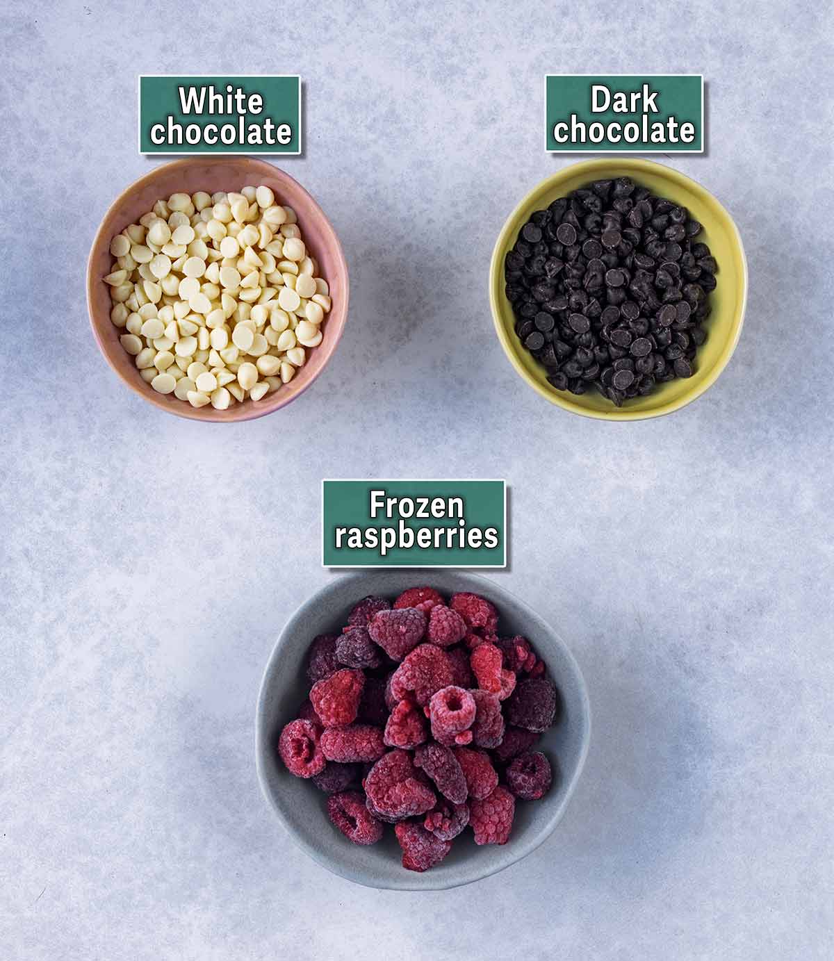 Bowls of white chocolate chips, dark chocolate chips and frozen raspberries, each with a text label.