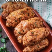 Baked chicken kofta with a text overlay title.