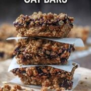 Blueberry oat bars with a text overlay title.
