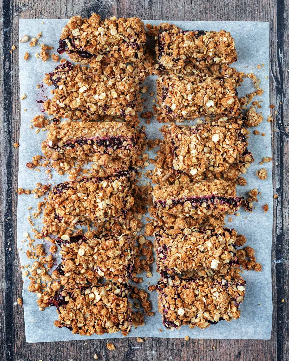 The chilled blueberry oats cut into twelve bars.