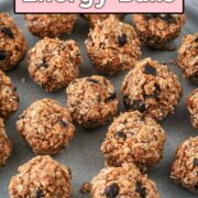 Chocolate chip energy balls with a text overlay title.