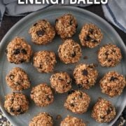 Chocolate chip energy balls with a text overlay title.