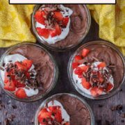Greek yogurt chocolate mousse with a text ovrlay title.