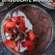 Greek yogurt chocolate mousse with a text ovrlay title.