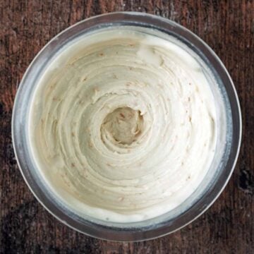 Ninja cremai coconut ice cream in the pint tub as viewed from above.