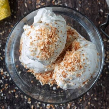 Ninja Creami coconut ice cream topped with toasted coconut.
