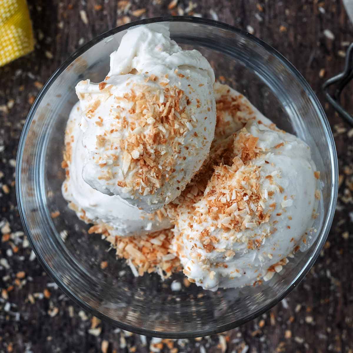 Ninja Creami coconut ice cream topped with toasted coconut.