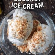 Ninja creami coconut ice cream with a text overlay title.