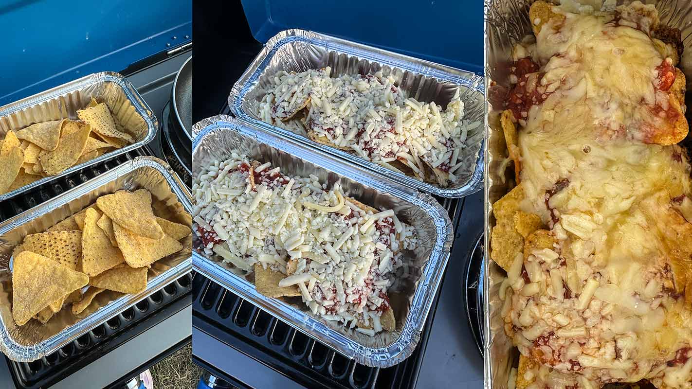 Three picture collage of campfire nachos being made.