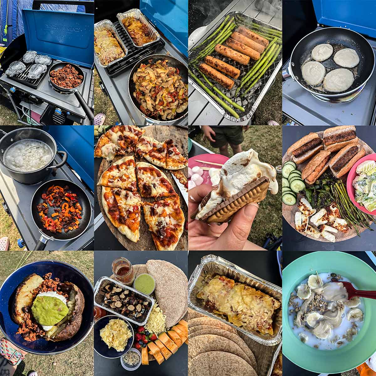 A collage of twelve different meals cooked on a campsite.