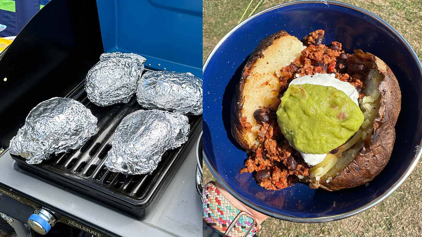 Two shot collage of foiled wrapped jacket potatoes and a cooked potato topped with chilli, sour cream and guacamole.