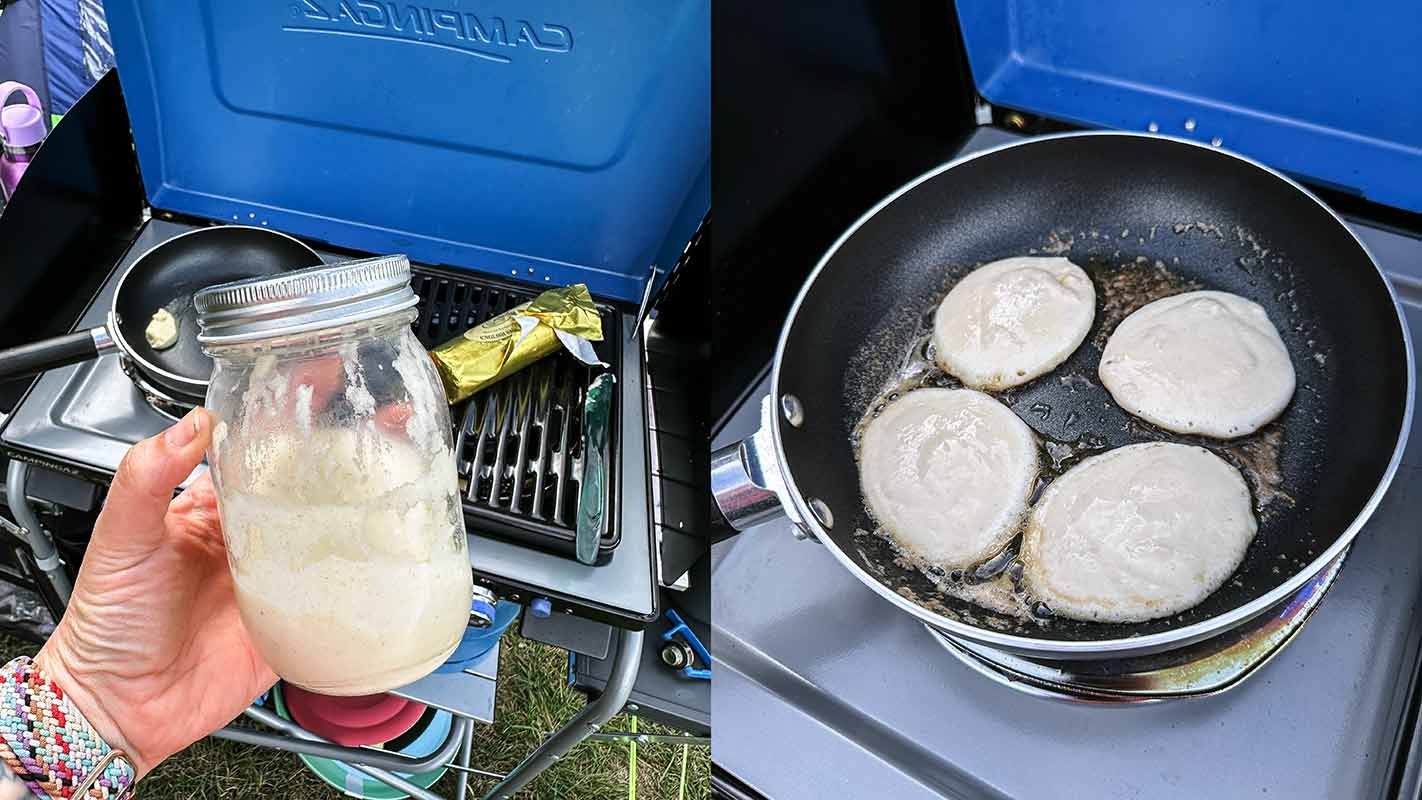 Two shot collage of pancake batter in a jar then pancakes cooking on a camping stove.