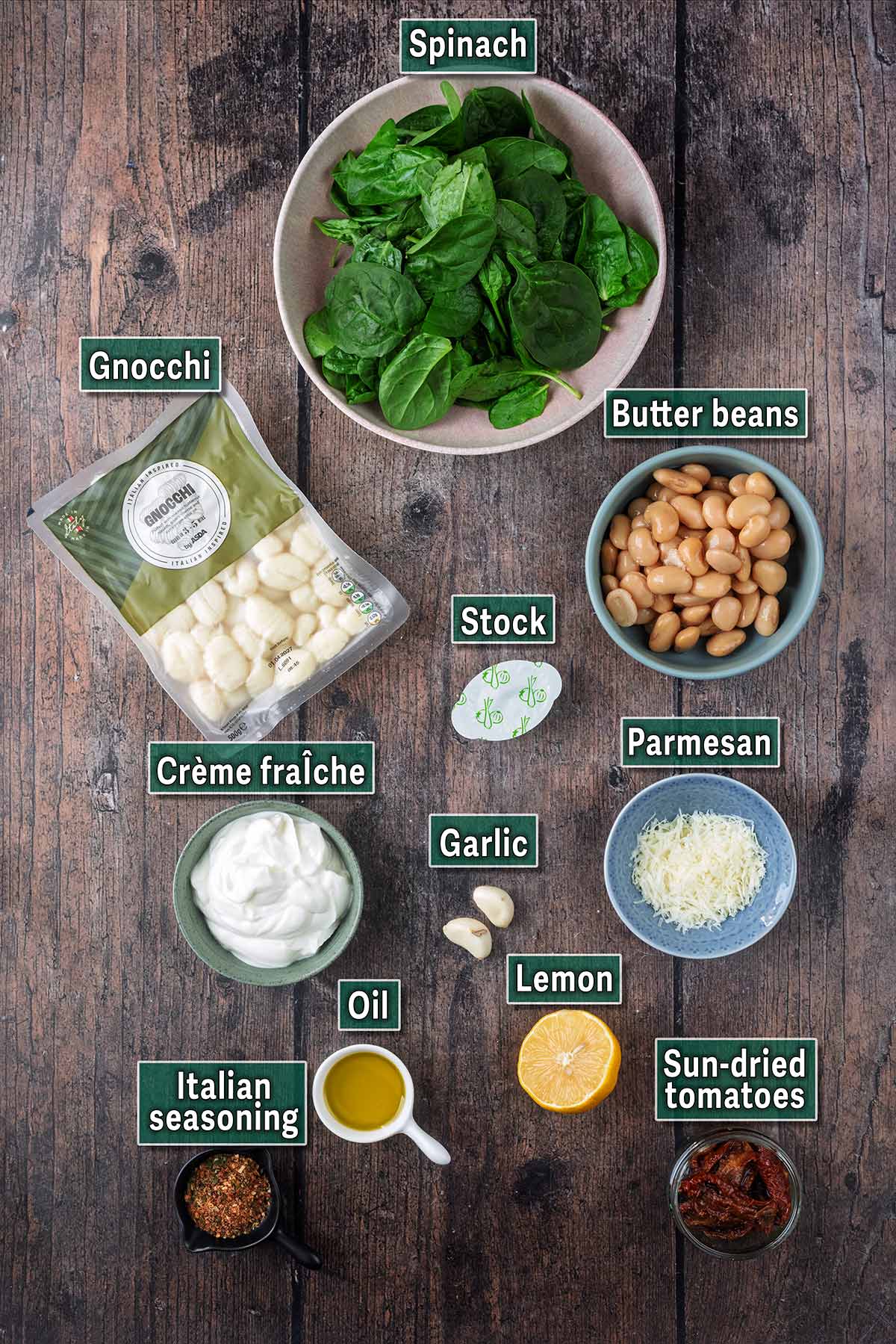All the ingredients needed for this recipe with text overlay labels.