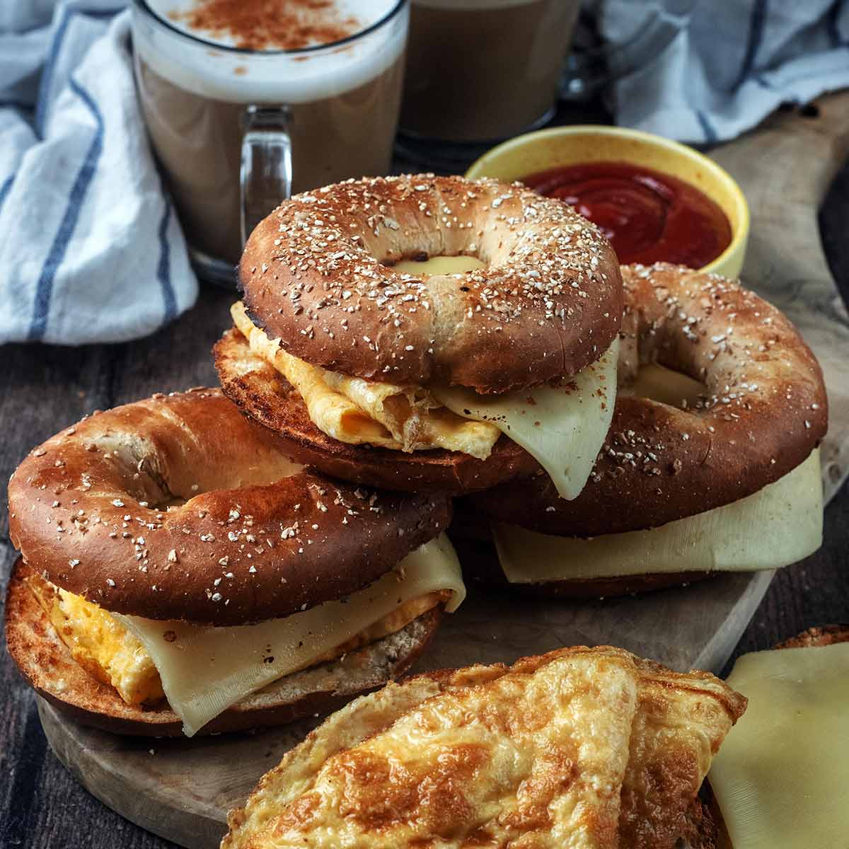 Three egg and cheese bagels stacked on a wooden board.
