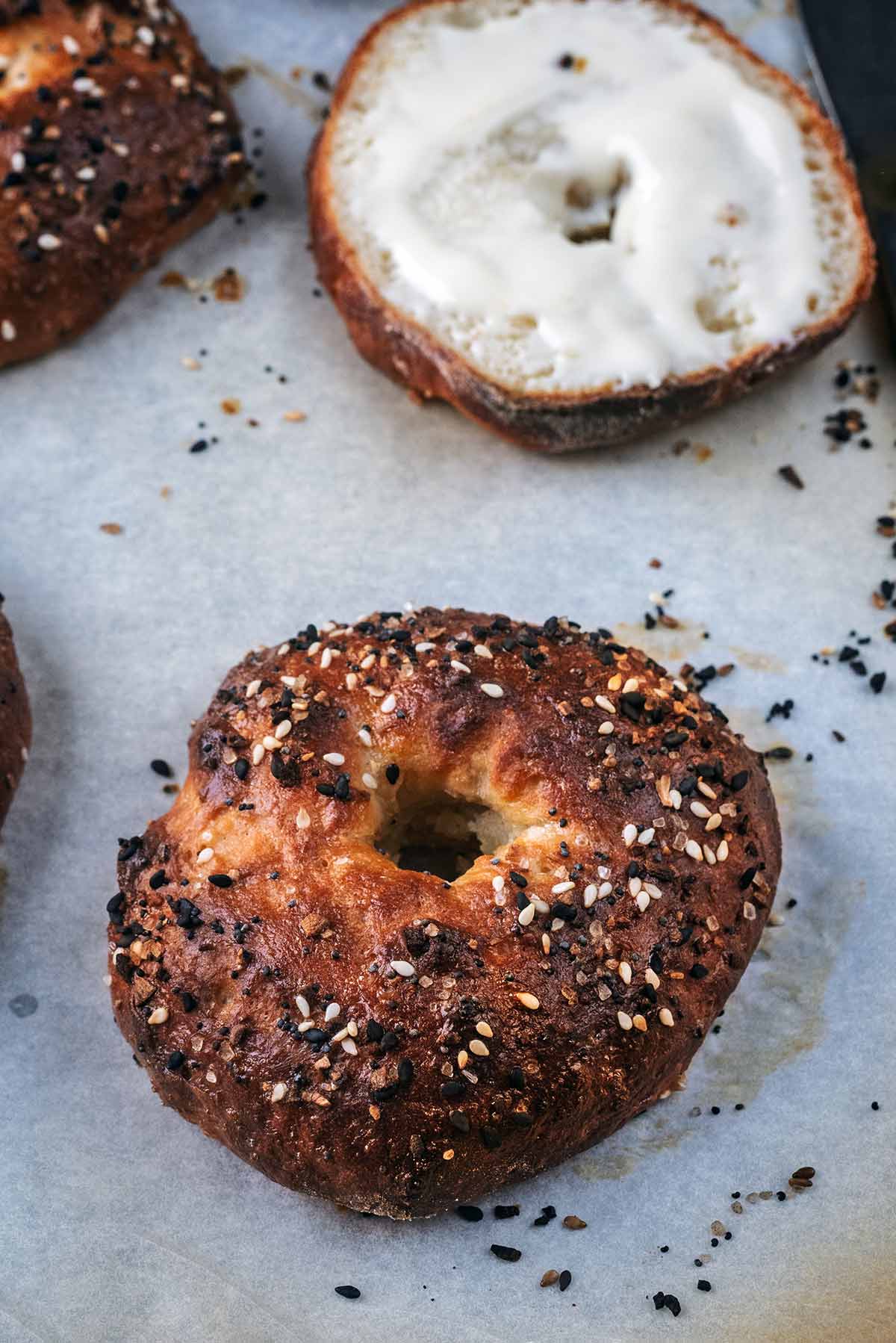 A bagel in front of half a bagel that has been spread with cream cheese.