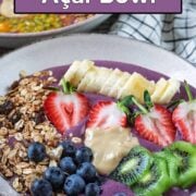 High proein acai bowl with a text title overlay.