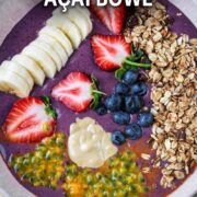 High proein acai bowl with a text title overlay.