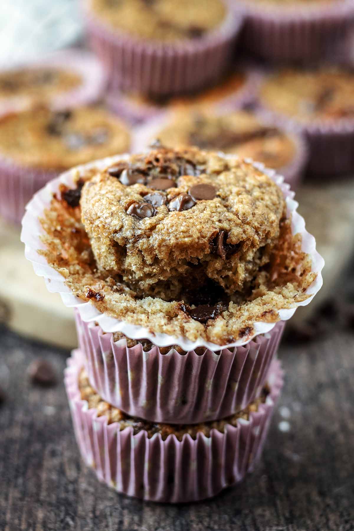 A tower of three banana muffins.