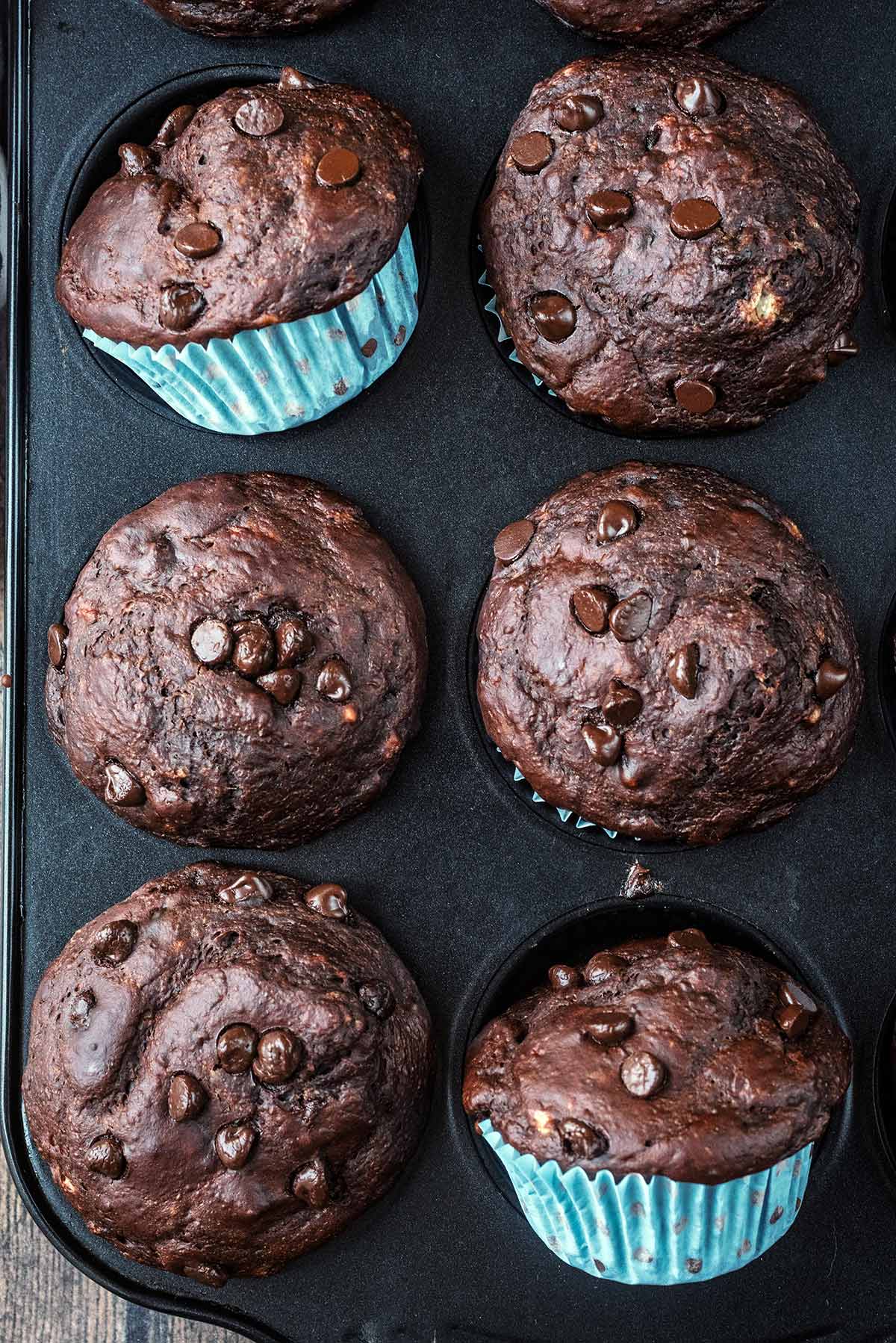 A muffin tin showing six cooked chocolate muffins in paper cases.
