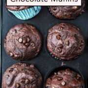Greek yogurt chocolate muffins with a text overlay title.