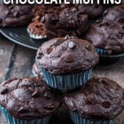 Greek yogurt chocolate muffins with a text overlay title.