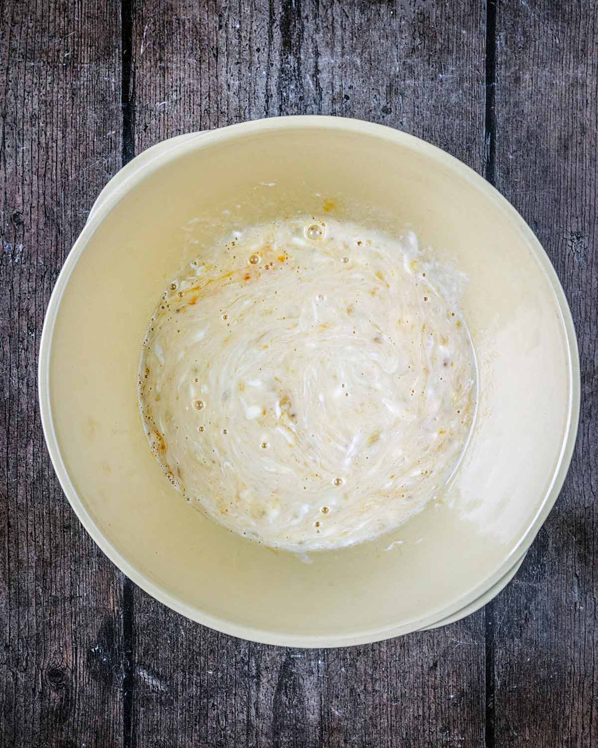 The wet ingredients mixed together in the bowl.