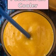 Mango and passionfruit cooler with a text overlay title.