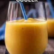 Mango and passionfruit cooler with a text overlay title.