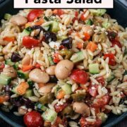 Orzo pasta salad with a text overlay title.