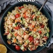 Orzo pasta salad with a text overlay title.