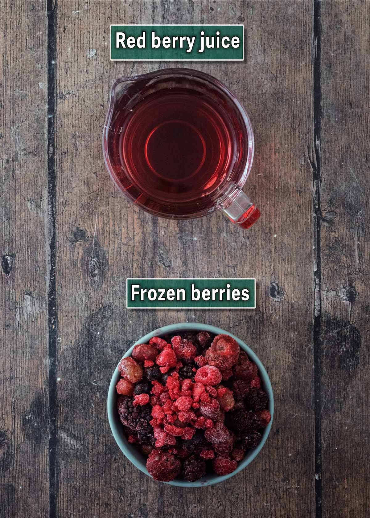 A bowl of frozen berries and a jug of red juice, each with a text overlay label.