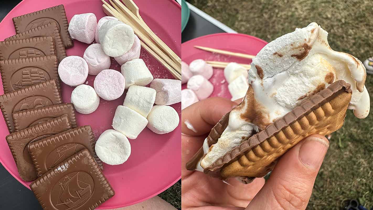 Two shot collage showing a plate of marshmallows and chocolate biscuits, then made into s'mores.