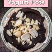 Snickers Greek yogurt pots with a text overlay title.
