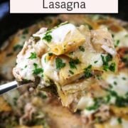 One pan chicken and broccoli lasagna with a text overlay title.