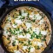 One pan chicken and broccoli lasagna with a text overlay title.