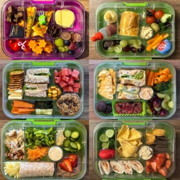 A collage of six kids packed lunch ideas.