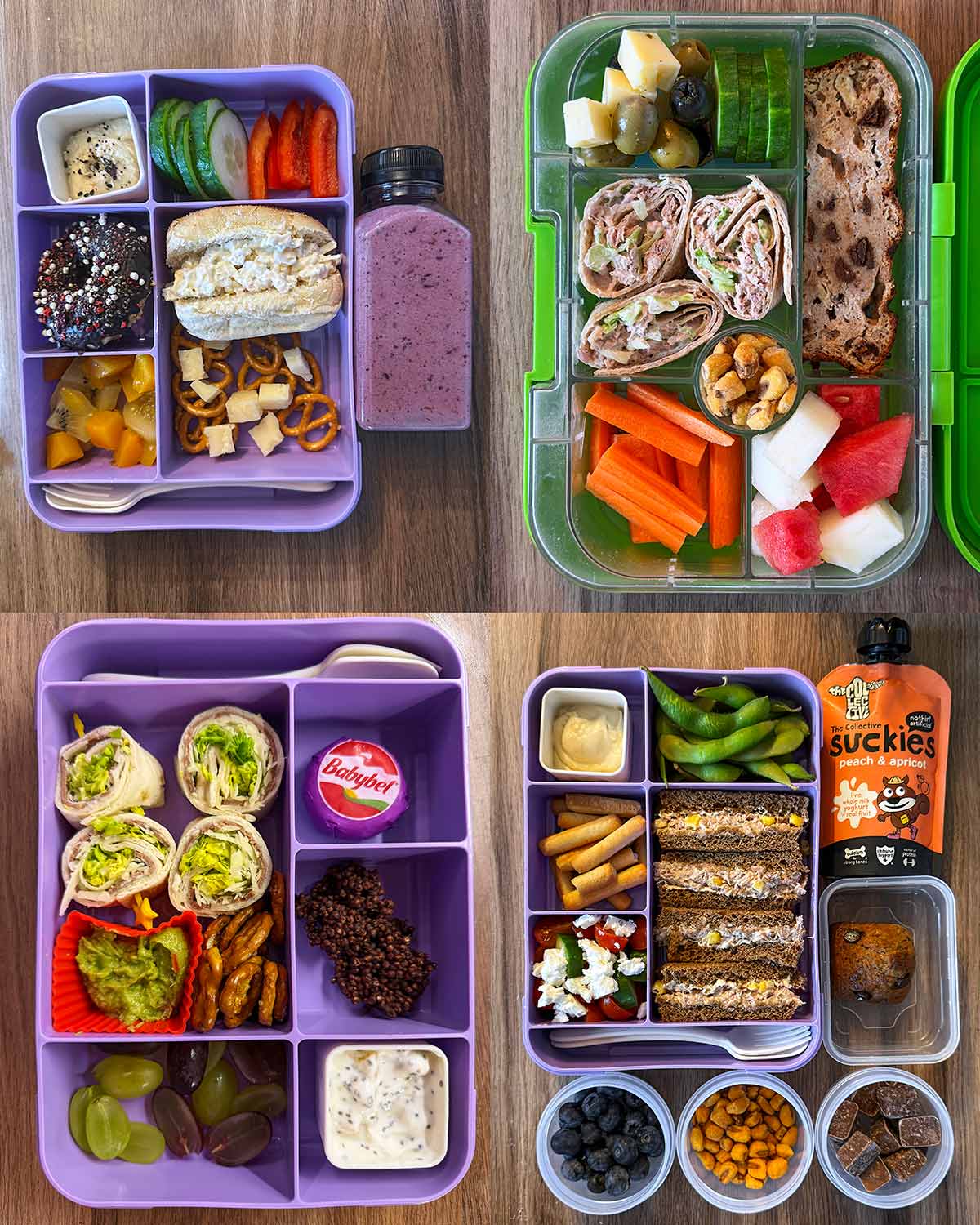 A collage of four packed lunches.