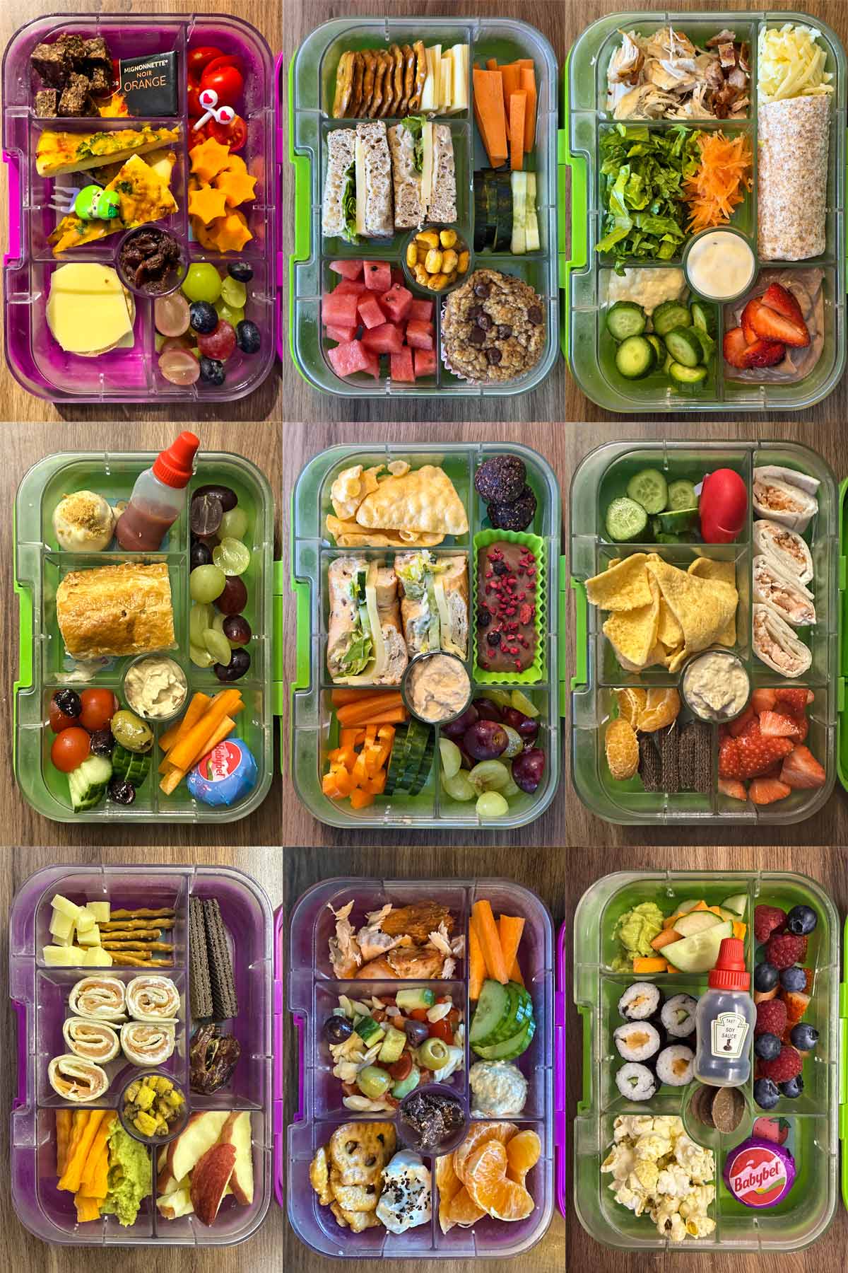 A collage of nine packed lunches.