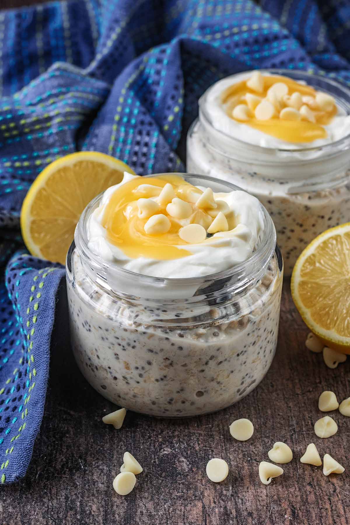Overnight oats topped with yogurt and a swirl of lemon curd.