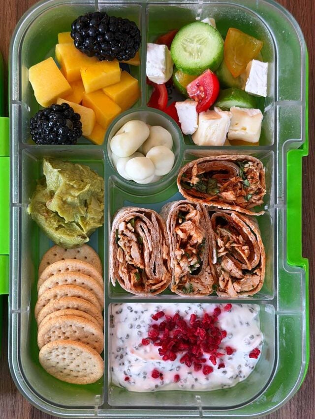A compartment lunchbox containing chicken wraps, crackers, guacamole, fruit, vegetables and chia pudding.