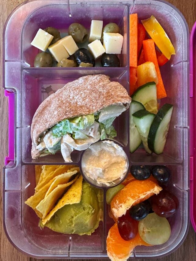 A compartment lunchbox containing a filled pitta, guacamole and tortilla chips, sliced salad veg, cheese cubes, olives, grapes and satsuma segments.